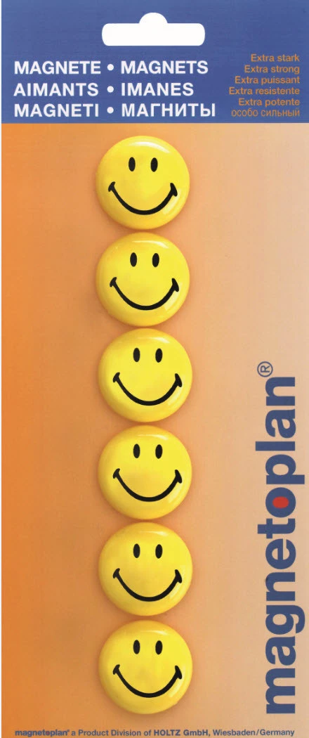 MAGNETOPLAN. Aimants Smiley jaune-noir 30mm - 6 pcs.