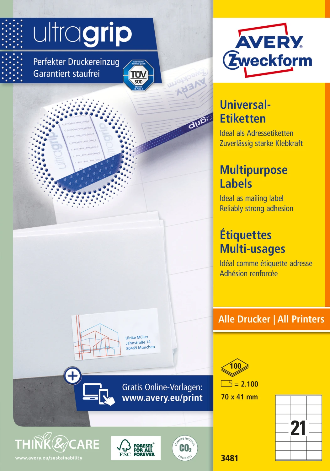 AVERY ZWECKFORM 3481 Étiquettes, 70 x 41 mm, 100 feuilles