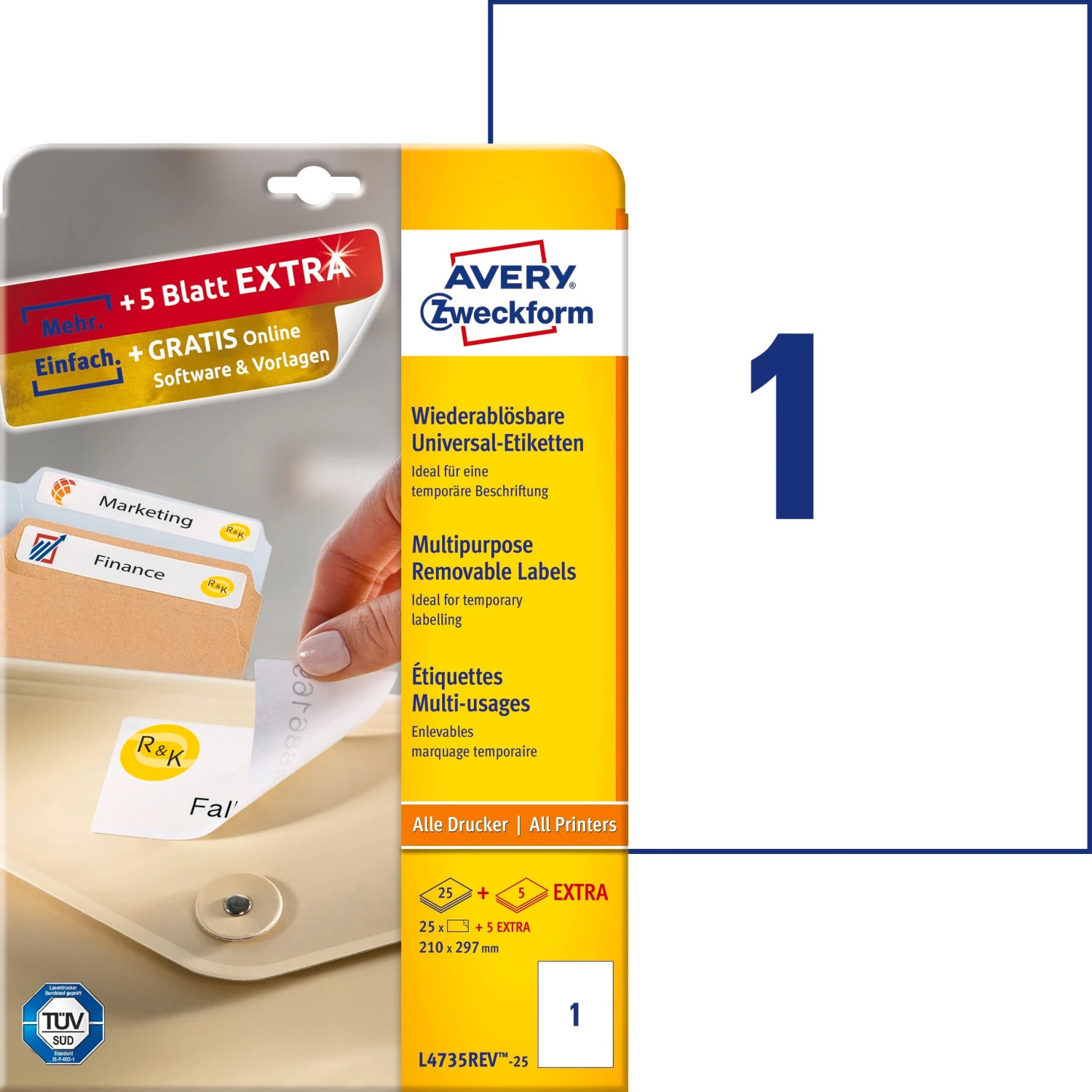 AVERY ZWECKFORM L4735REV-25 Etiketten, 210 x 297 mm, 25 + 5 Blatt
