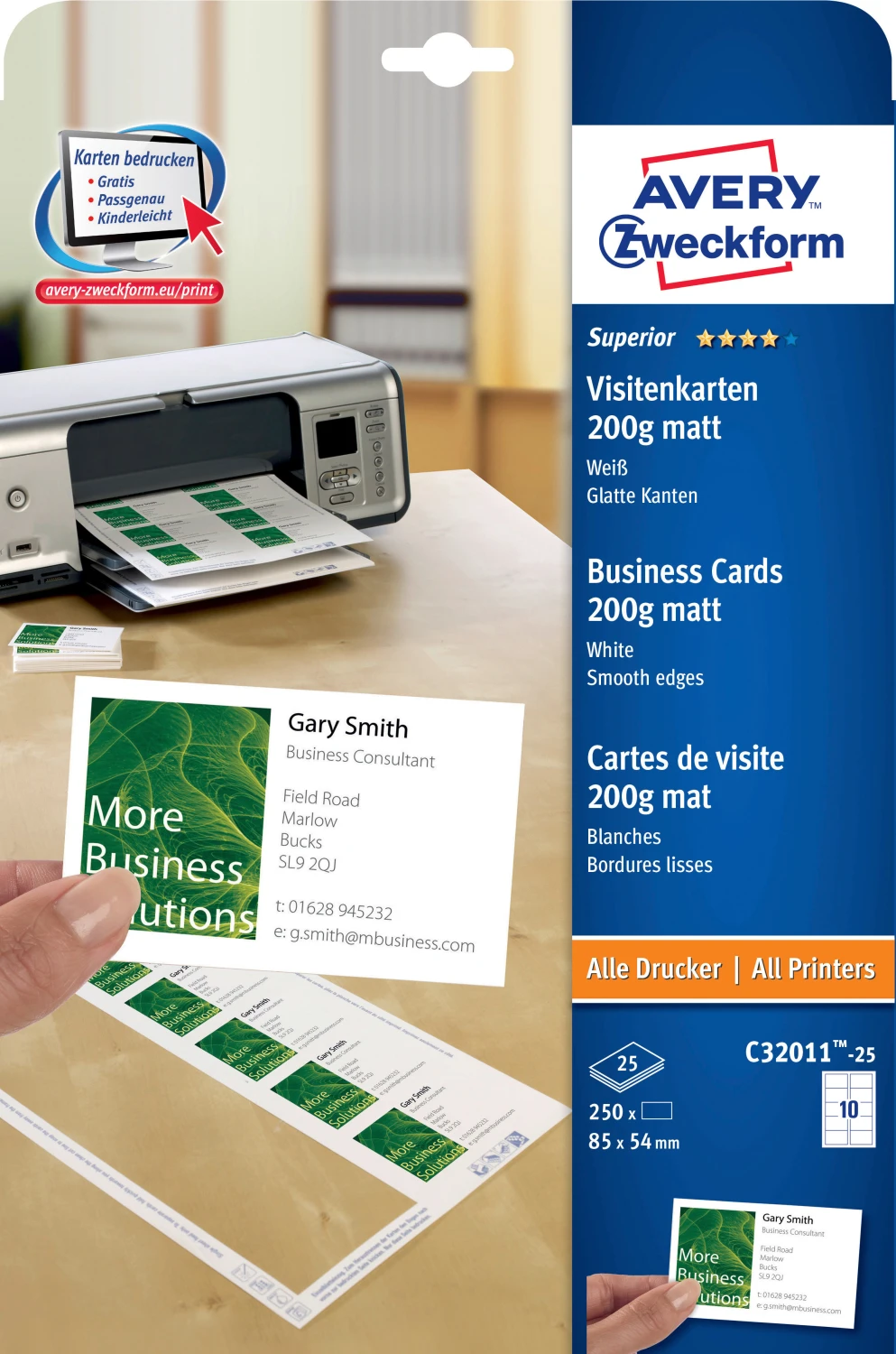 AVERY Zweckform C32011-25 Visitenkarten matt 85 x 54 mm