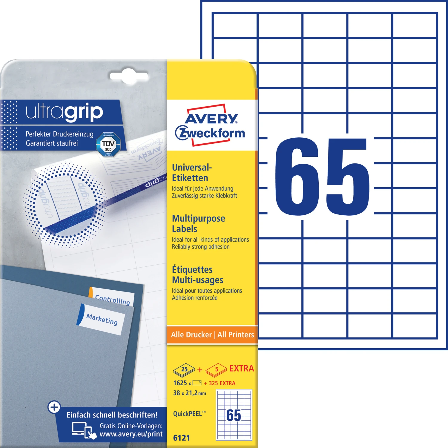 AVERY ZWECKFORM 6121 Etiketten, 38 x 21.2 mm, 25 + 5 Blatt