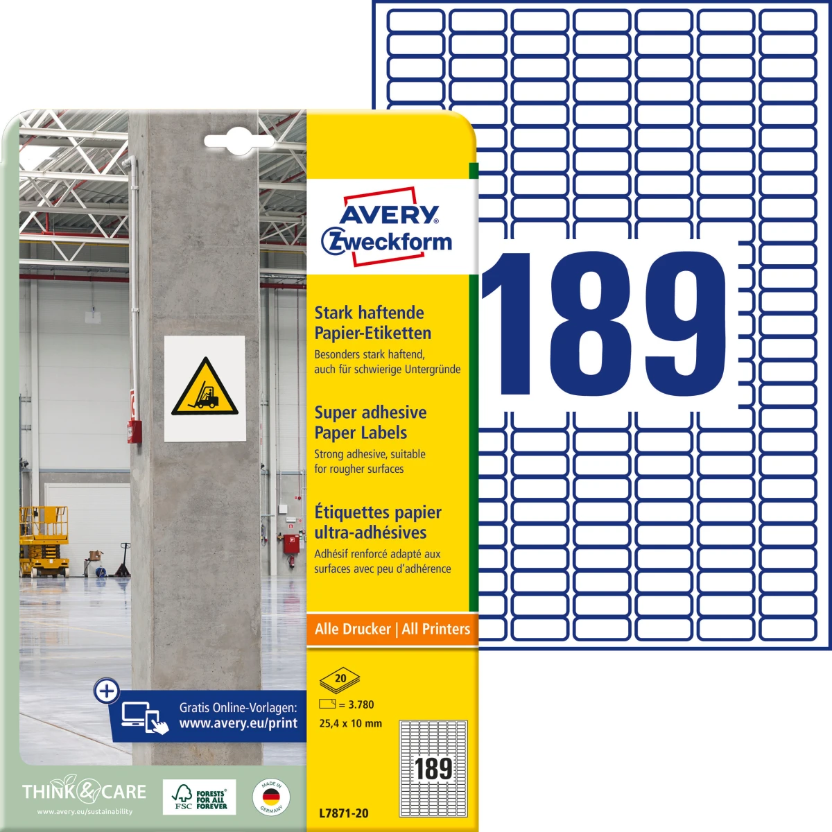 AVERY L7871-20 ZWECKFORM Étiquettes, 25.4 x 10 mm, 20 feuilles