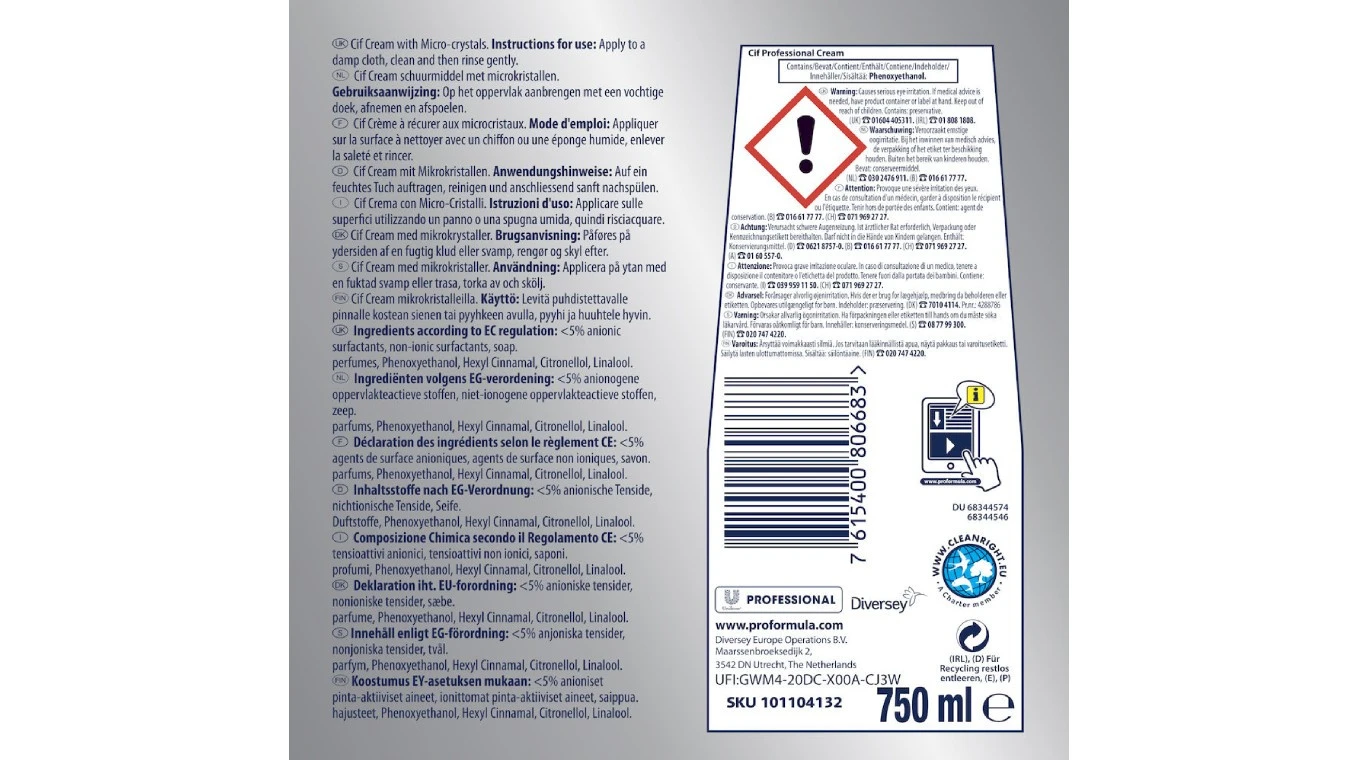 CIF Crème à récurer Professional Cream 8 x 750 ml