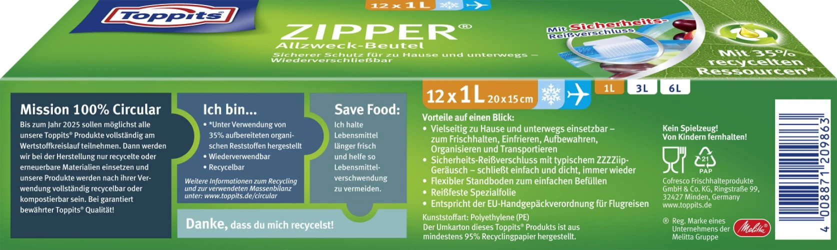 TOPPITS Sac multi-usages à fermeture éclair 1 L, 12 pièces