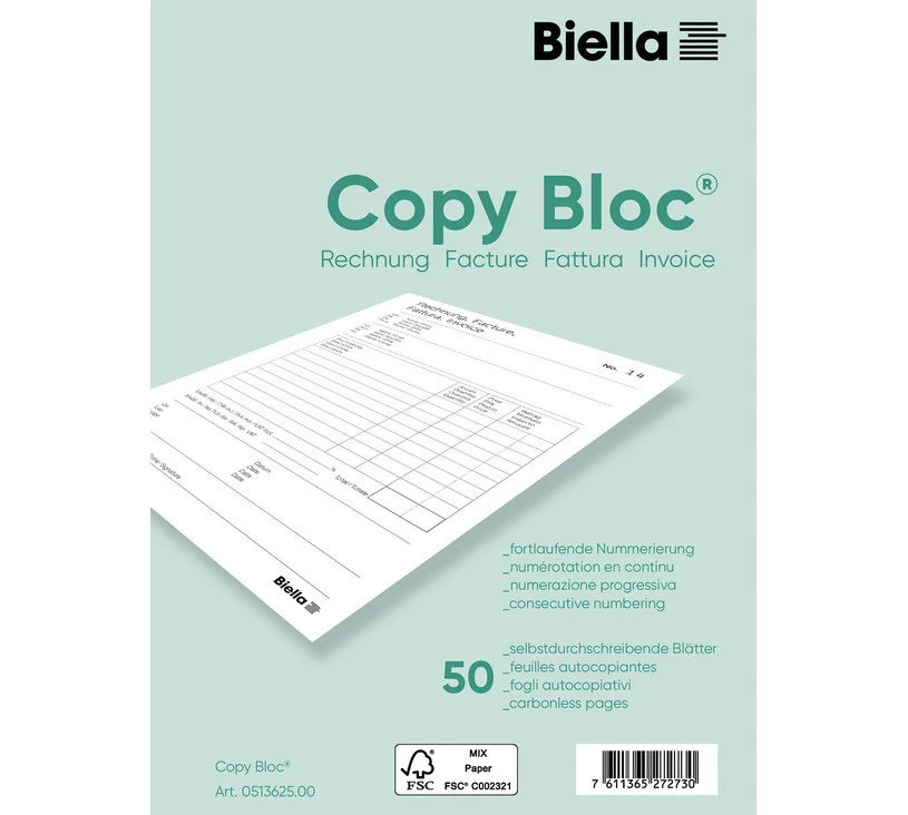 BIELLA Copy Bloc factures A6, 50 feuillets