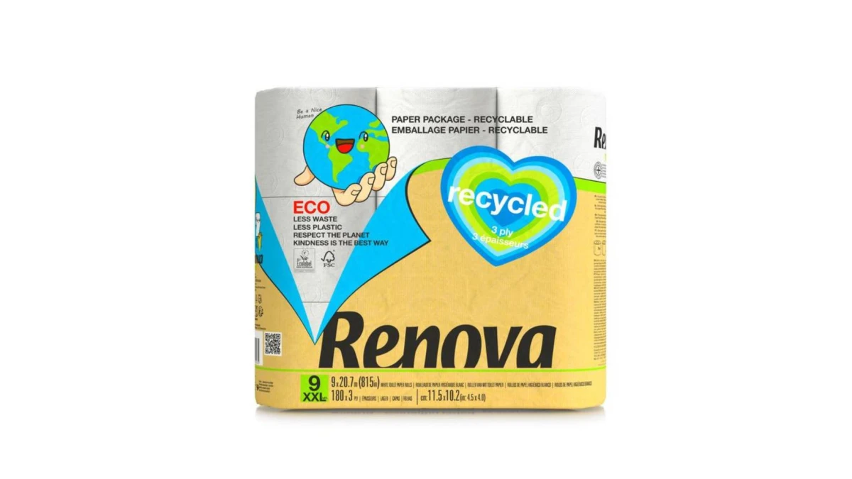 RENOVA Papier toilette XXL Eco Recycled 3 couches, 9 rouleaux
