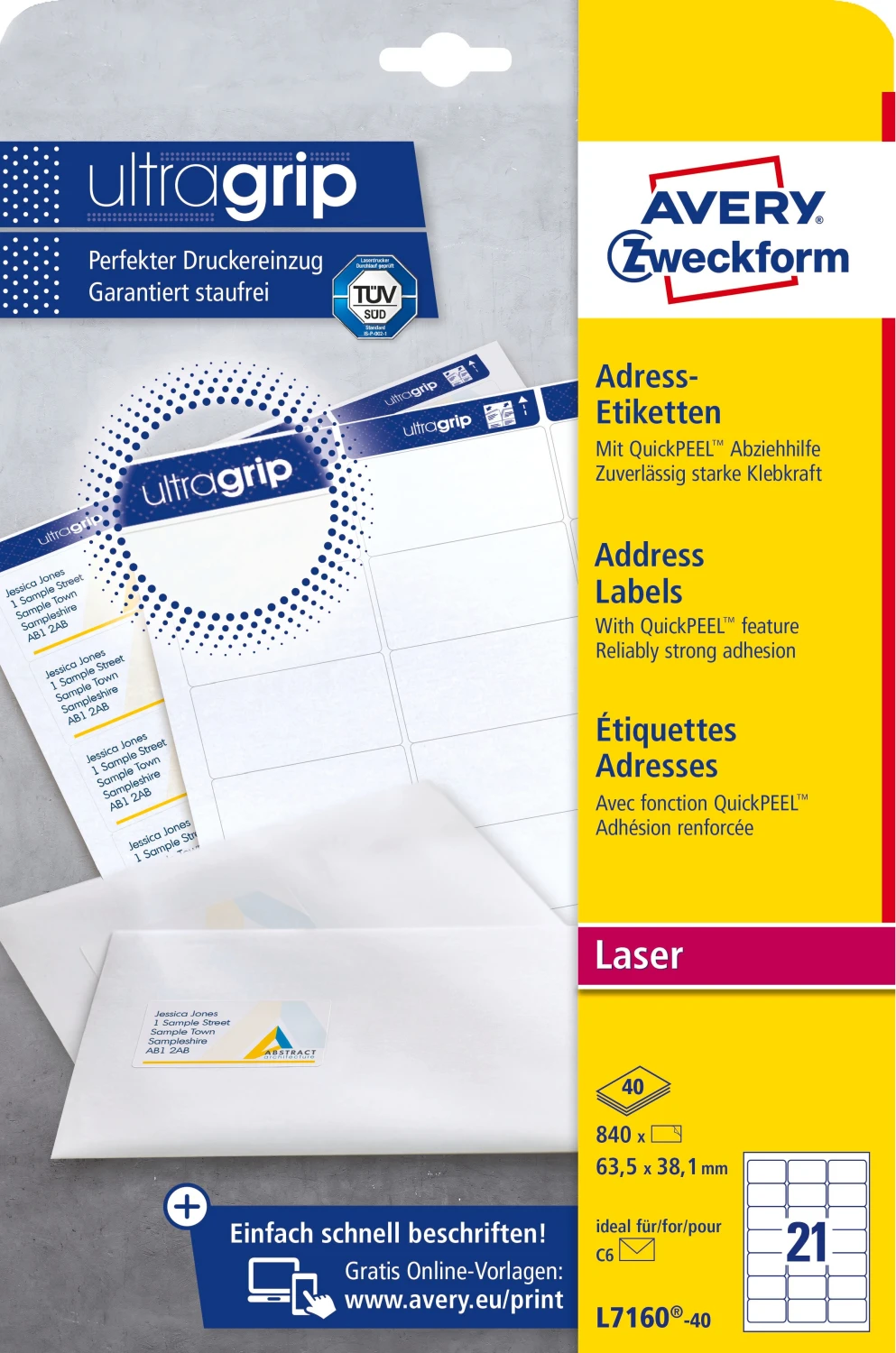 AVERY ZWECKFORM L7160-40 Adressetiketten, 63.5 x 38.1 mm, 40 Blatt