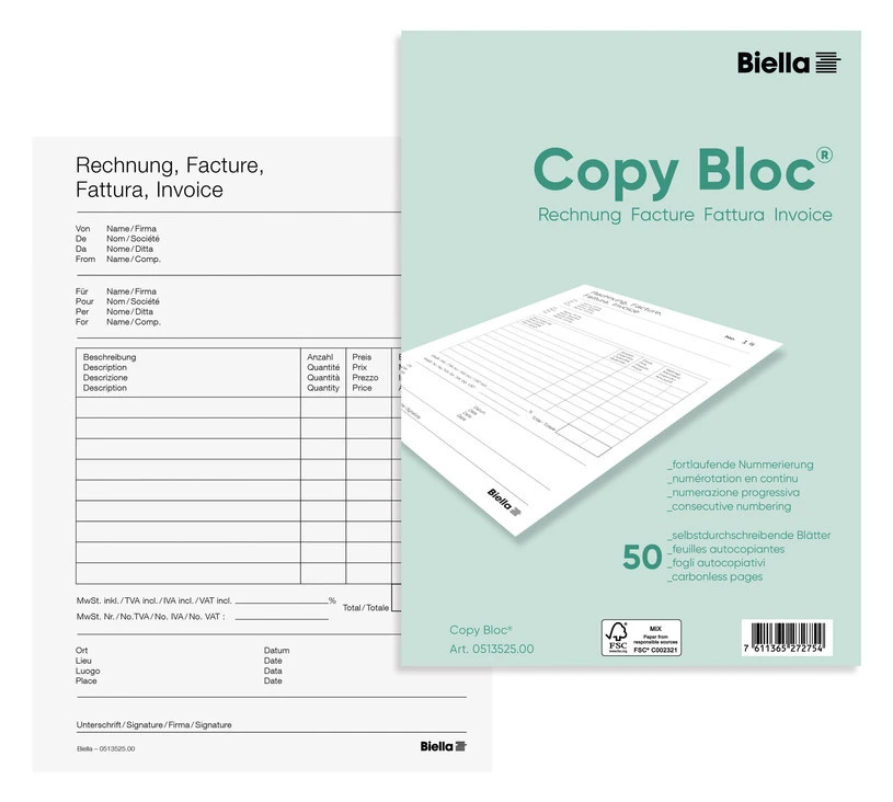 BIELLA Copy Bloc factures A5, 50 feuillets
