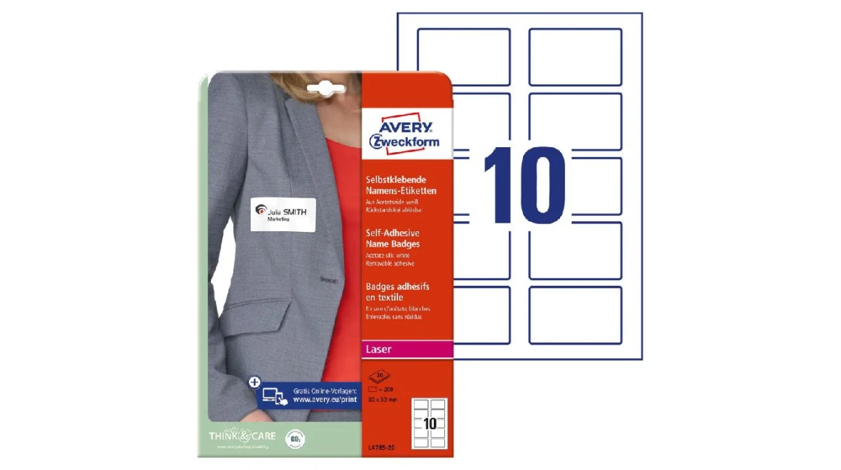 AVERY ZWECKFORM L4785-20 Badges adhésifs, 80 x 50 mm, 20 feuilles