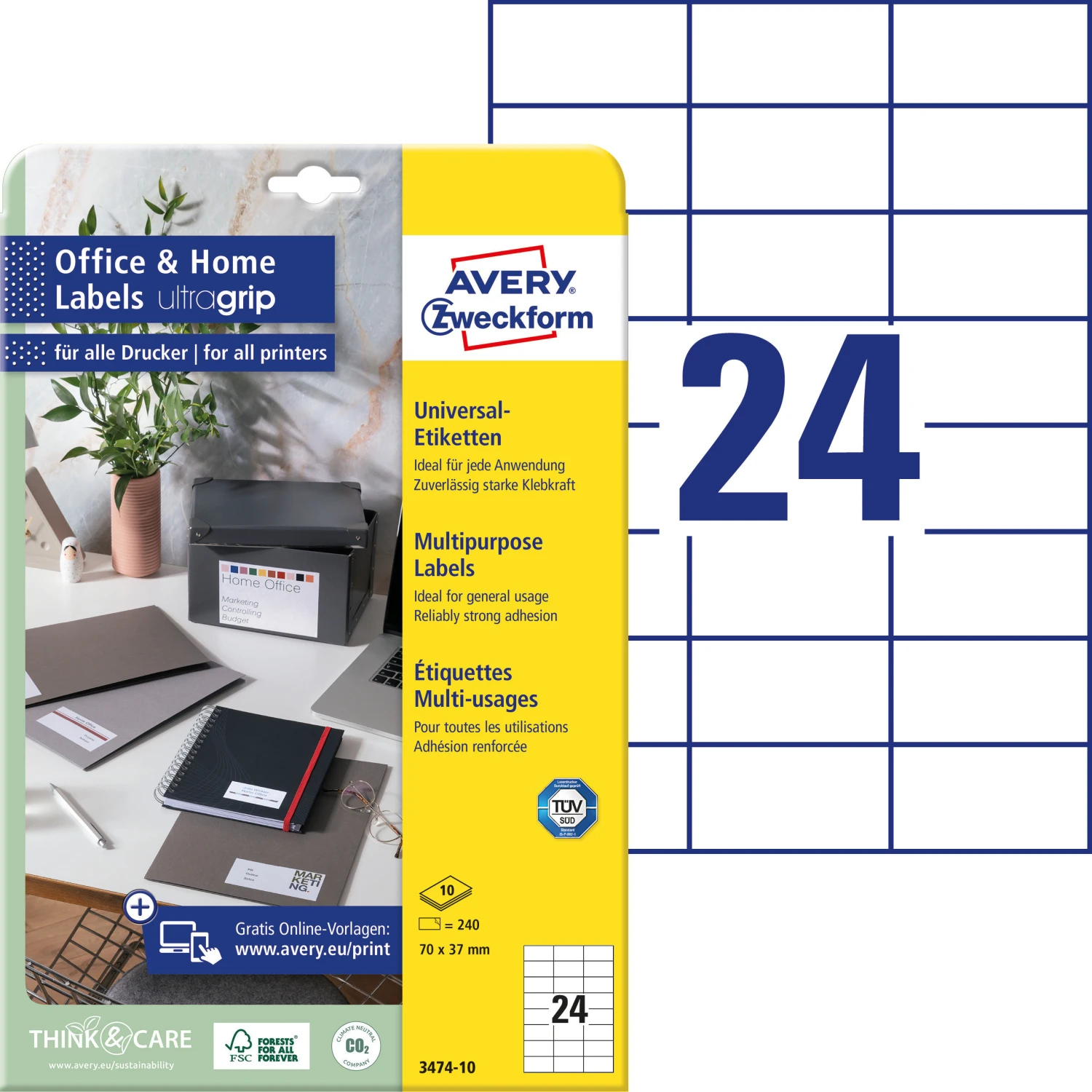 AVERY ZWECKFORM 3474-10 Etiketten, 70 x 37 mm, 10 Blatt