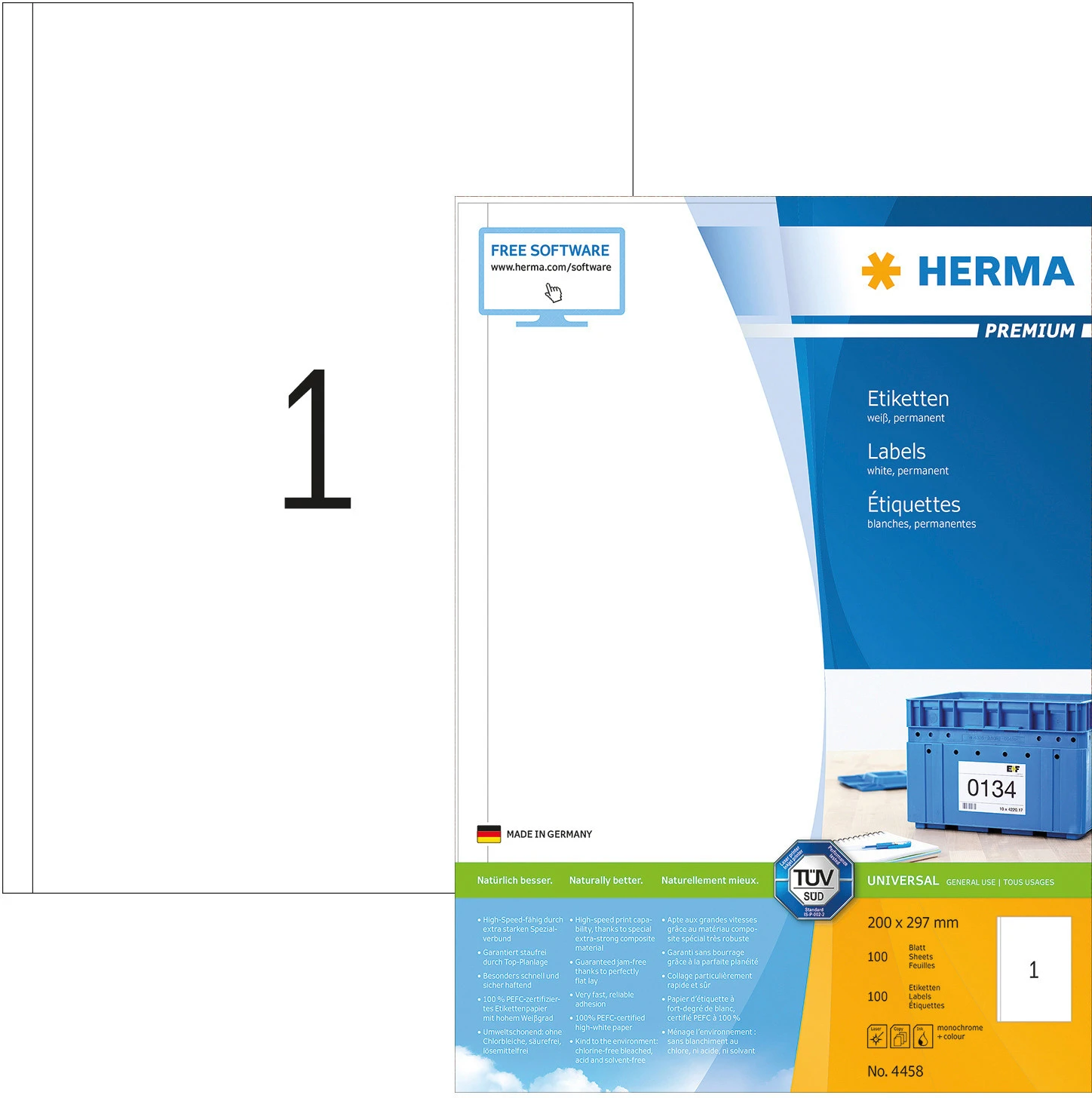 HERMA 4458 Étiquettes universelles, 200 x 297 mm, 100 feuilles