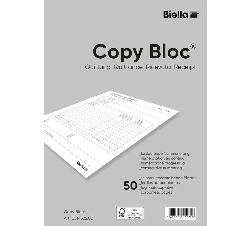 BIELLA Copy Bloc quittances A5, 50 feuillets
