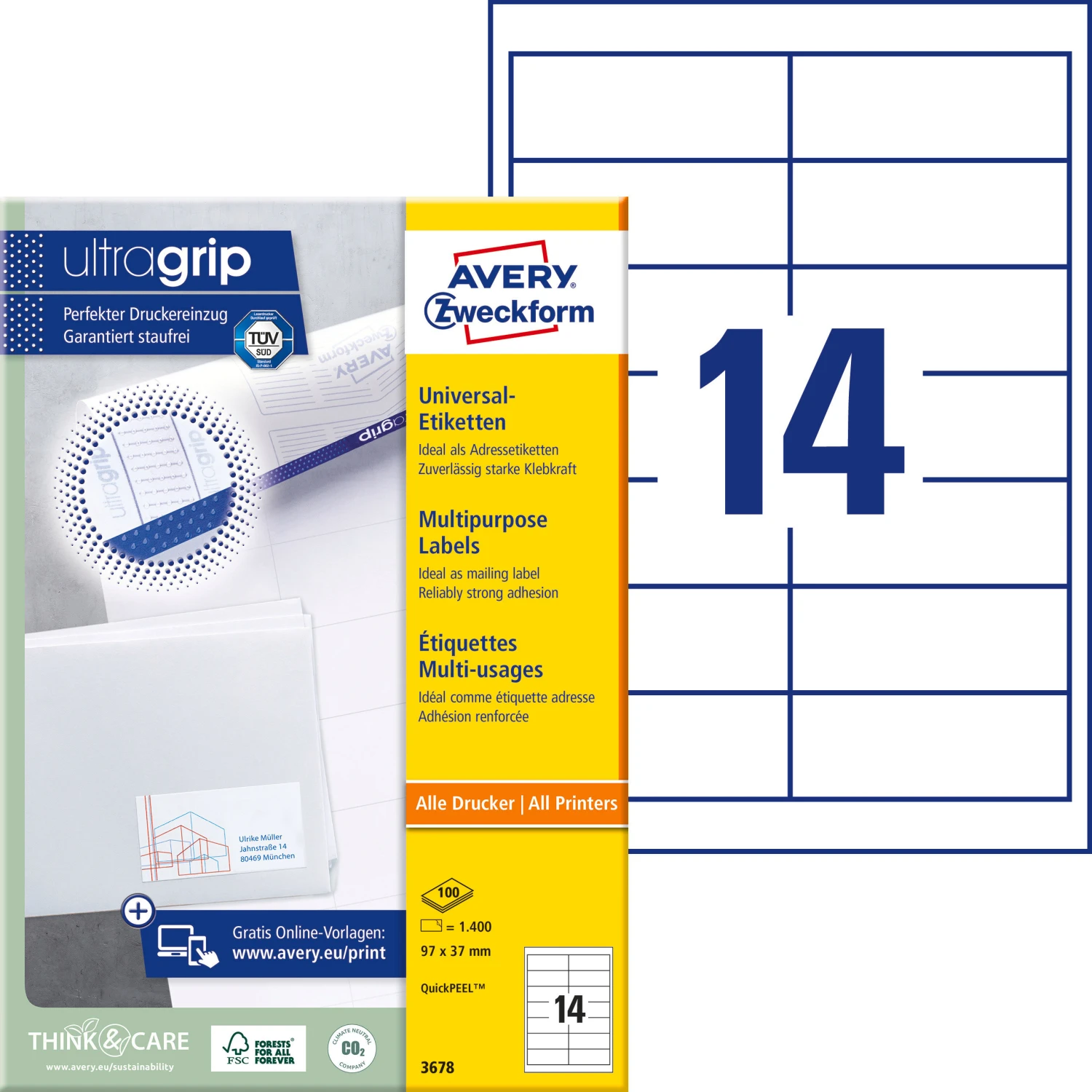 AVERY ZWECKFORM 3678 Etiketten A4, 97 x 37 mm, 100 Blatt