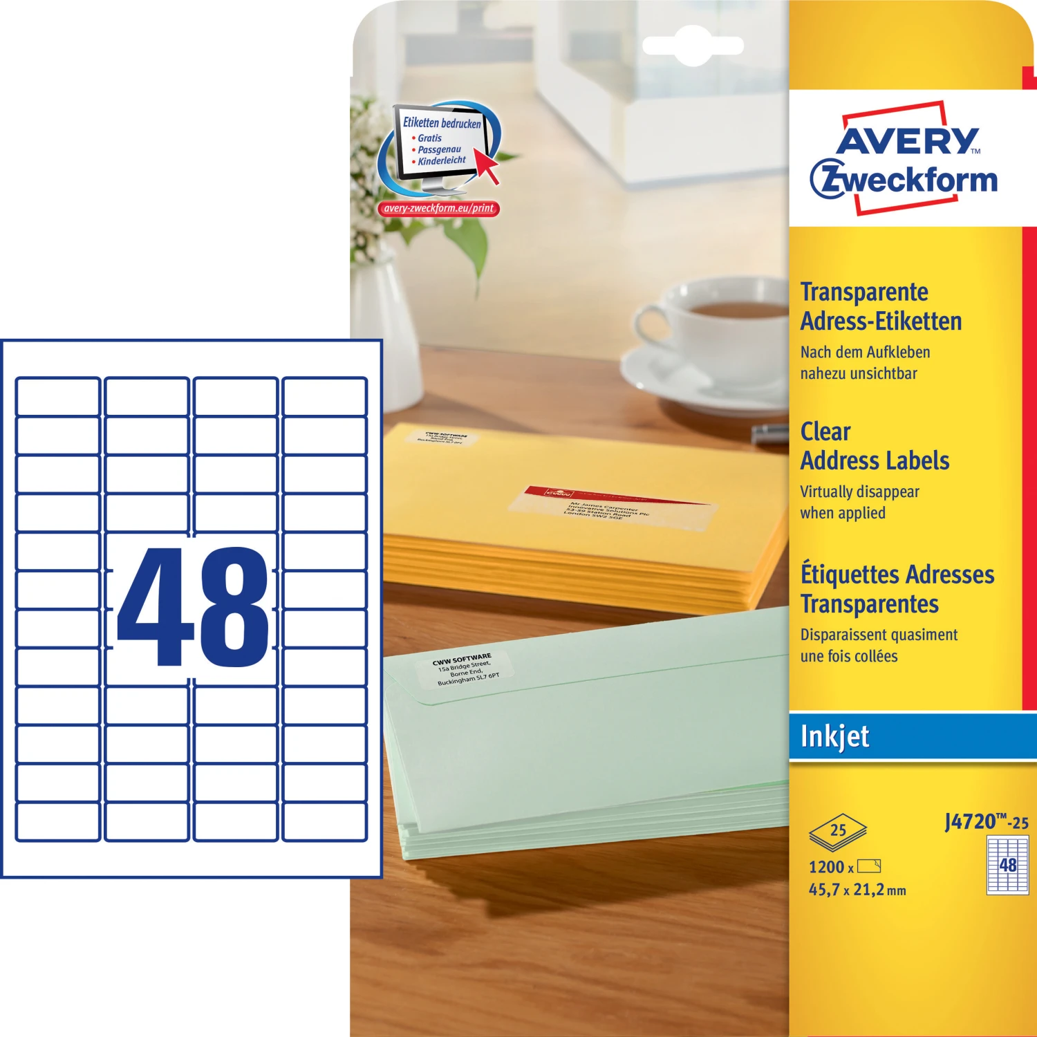 AVERY ZWECKFORM J4720-25 Étiquettes, 45.7 x 21.2 mm, 25 feuilles