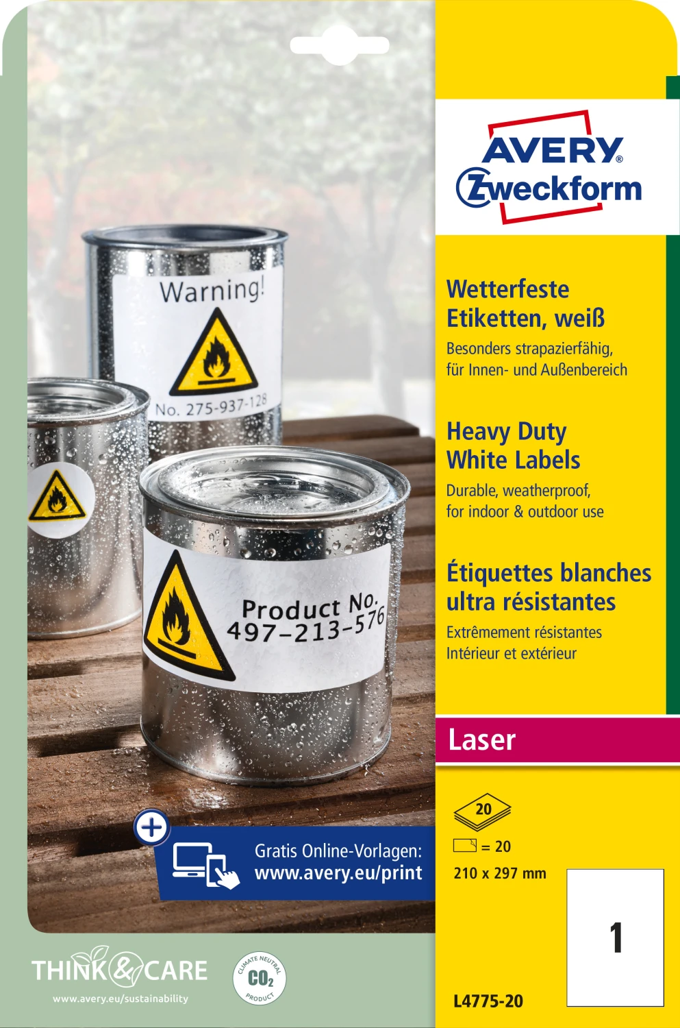 AVERY ZWECKFORM L4775-20 Étiquettes, 210 x 297 mm, 20 feuilles