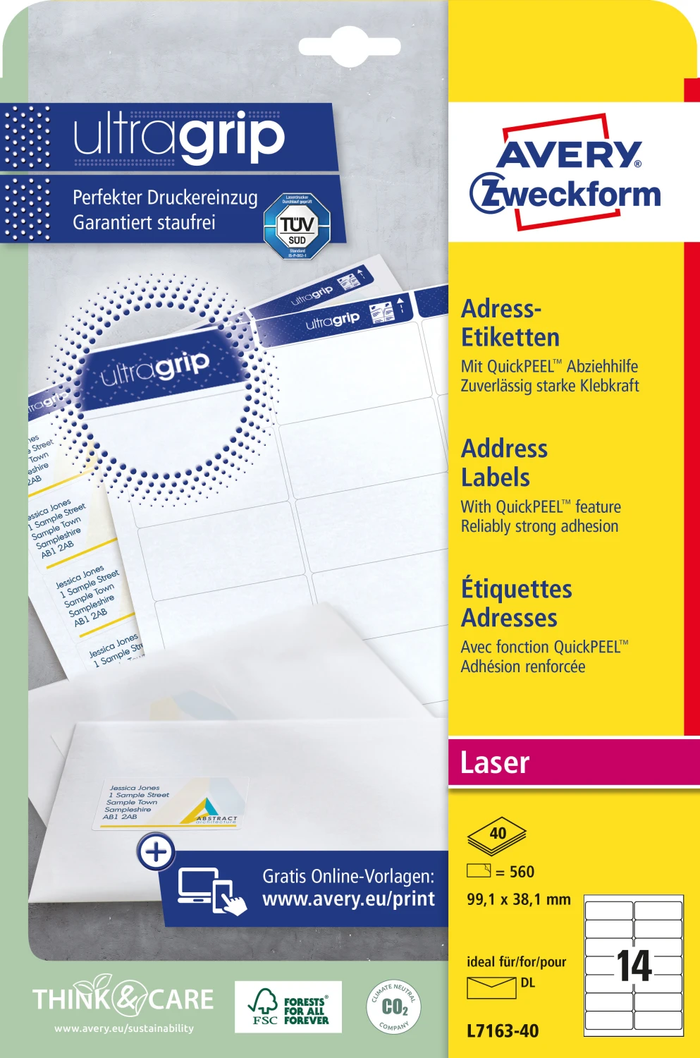 AVERY ZWECKFORM L7163-40 Adressetiketten, 99.1 x 38.1 mm, 40 Blatt