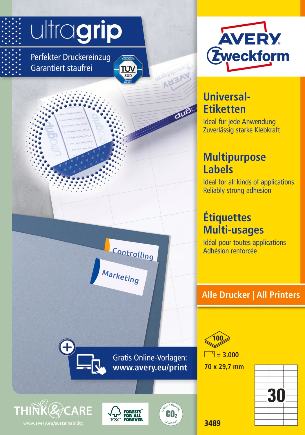 AVERY ZWECKFORM 3489 Etiketten, 70 x 29.7 mm, 100 Blatt