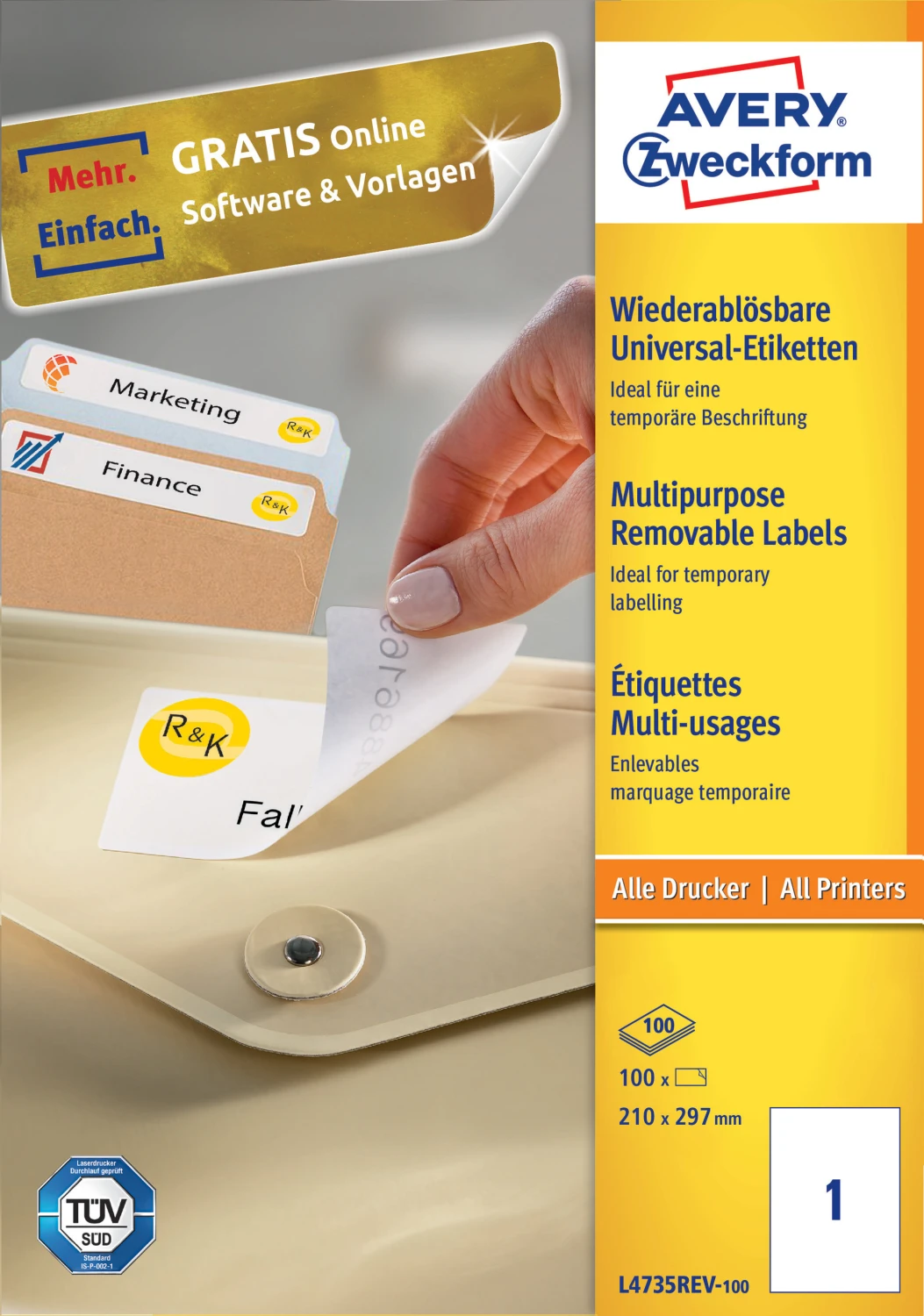AVERY ZWECKFORM L4735REV-100 Etiketten, 210 x 297 mm, 100 Blatt