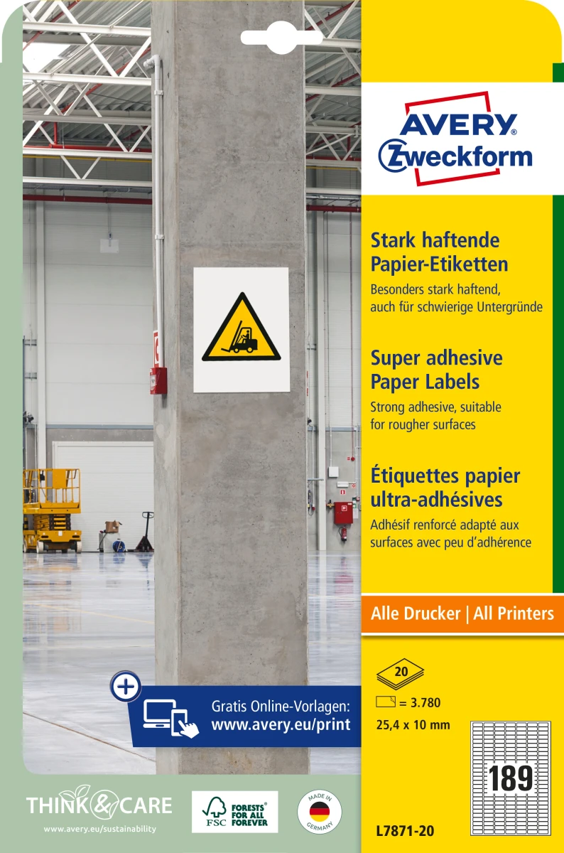 AVERY L7871-20 ZWECKFORM Étiquettes, 25.4 x 10 mm, 20 feuilles