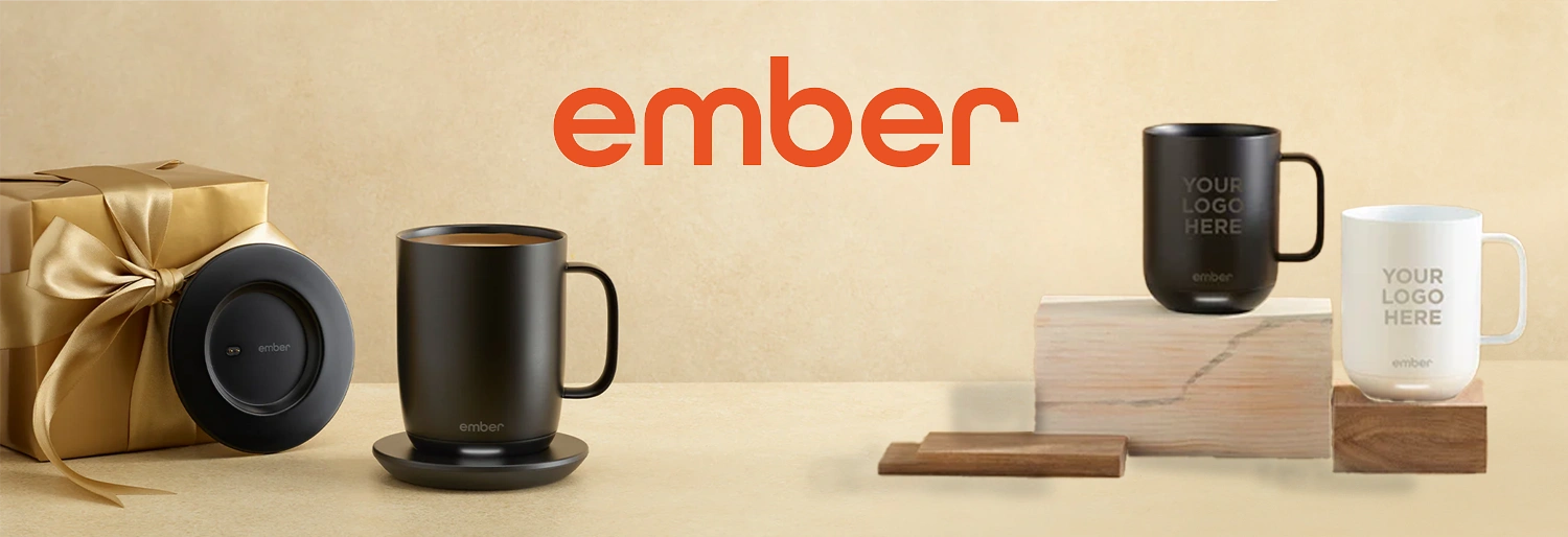 Ember-Logo mit beheizbaren Kaffeetassen und Geschenkbox, Tassen mit „Your Logo Here“ für individuelle Bedruckung