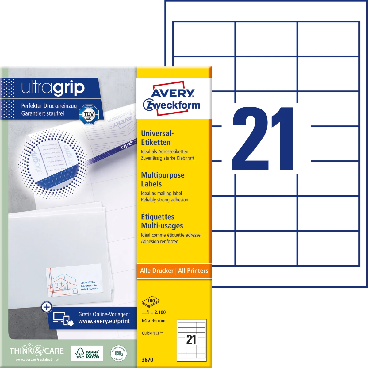 AVERY ZWECKFORM 3670 Étiquettes, 64 x 36 mm, 100 feuilles