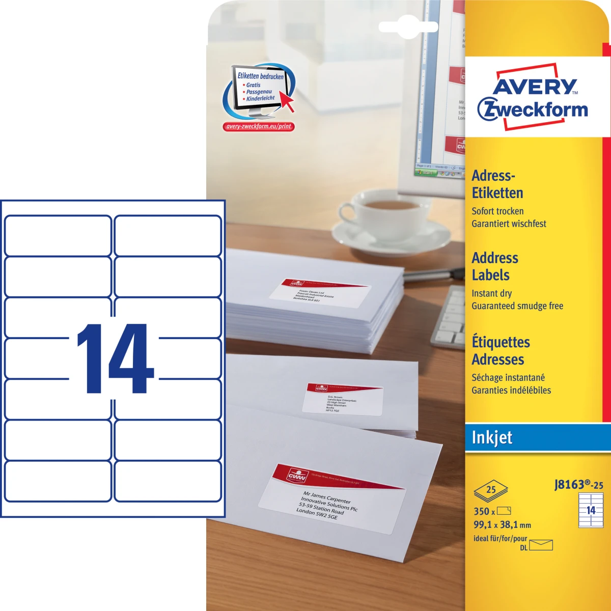 AVERY ZWECKFORM 25 Étiquettes 99.1 x 38.1 mm, 25 feuilles
