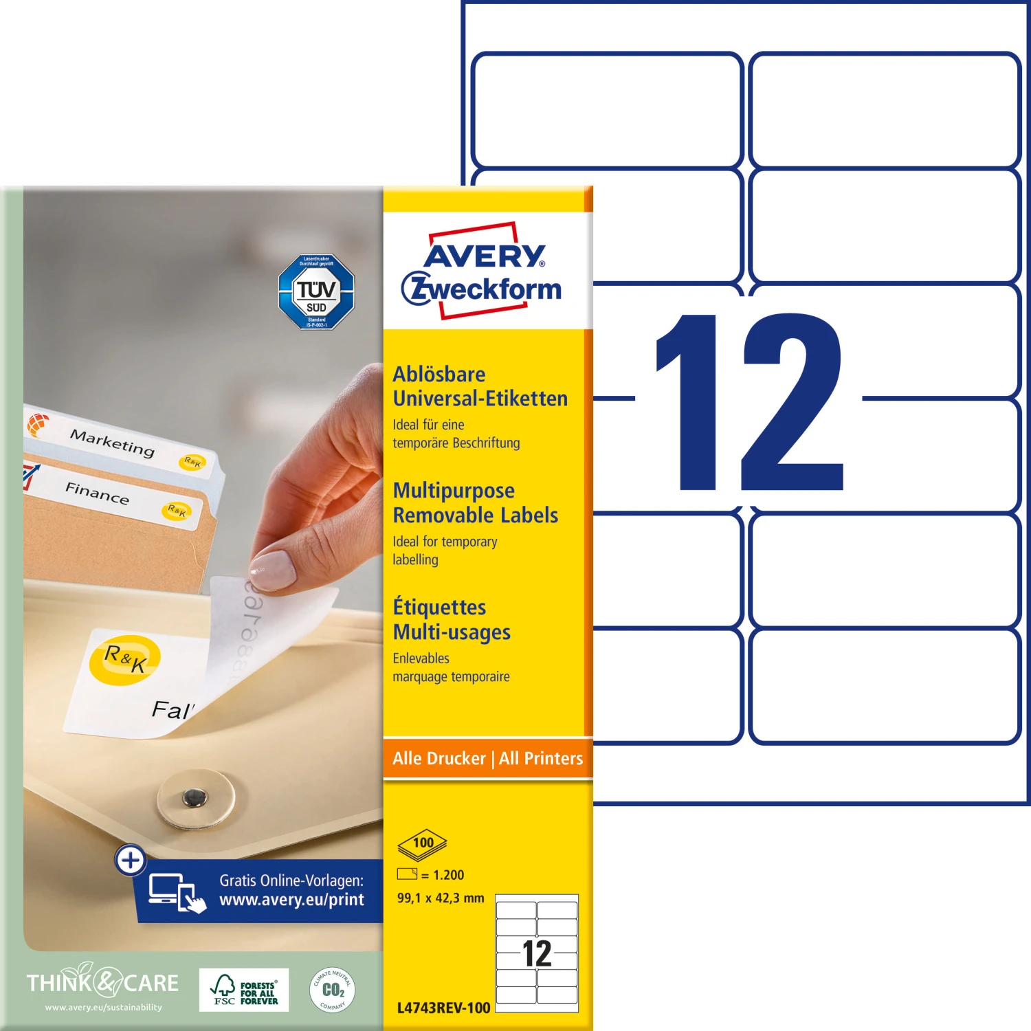 AVERY ZWECKFORM L4743REV-100 Etiketten, 99.1 x 42.3 mm, 100 Blatt