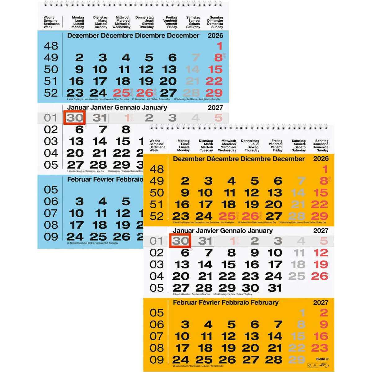 BIELLA 3 Monatskalender Wire-O - Format: 31 x 40 cm