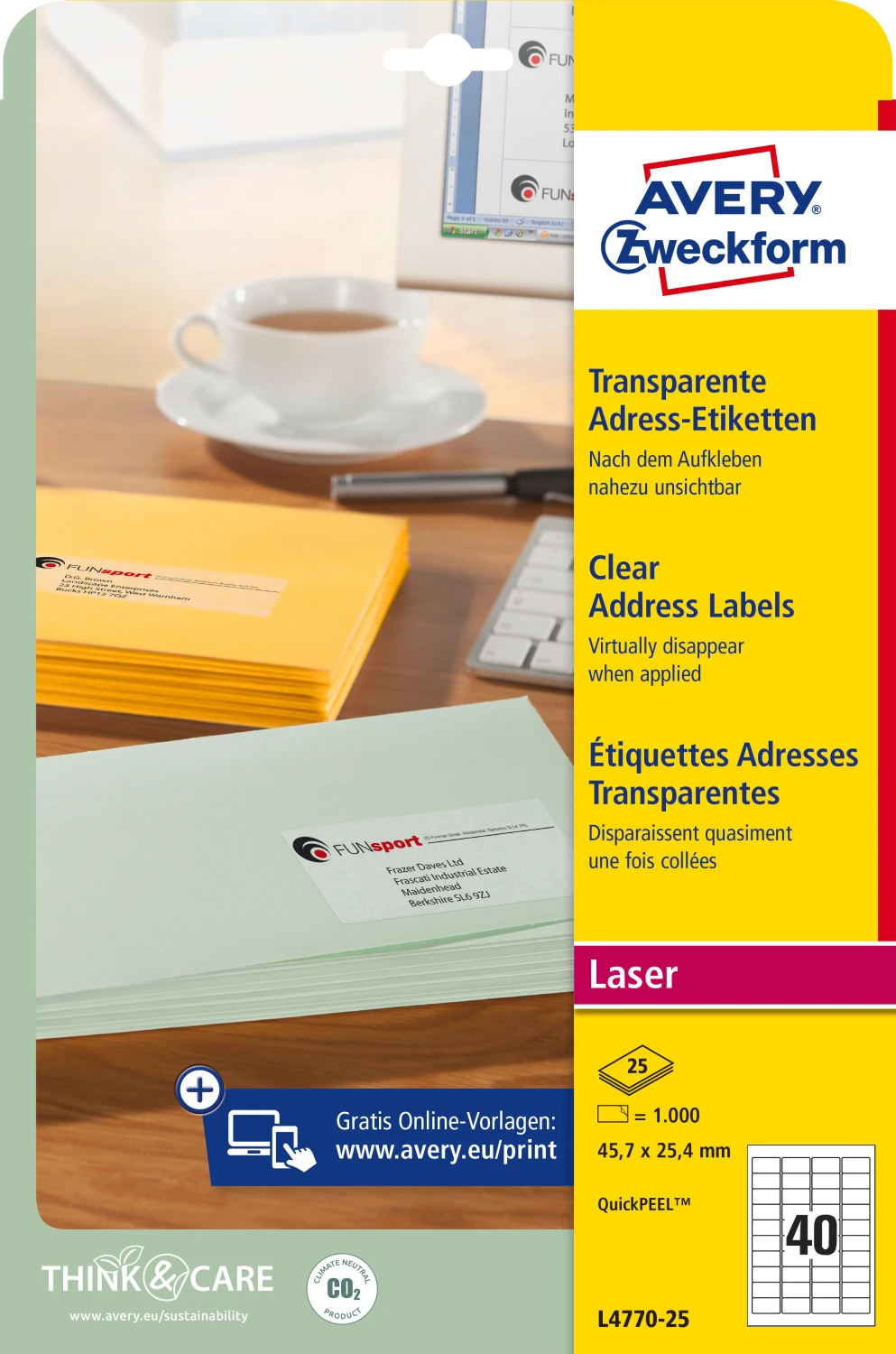 AVERY ZWECKFORM L4770-25 Adressetiketten, 45.7 x 25.4 mm, 25 Blatt