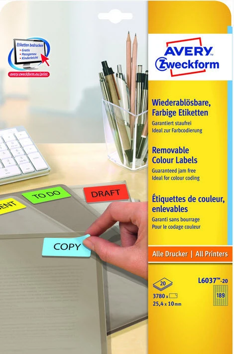 AVERY ZWECKFORM L6037-20 Étiquettes, 25.4 x 10 mm, 20 feuilles