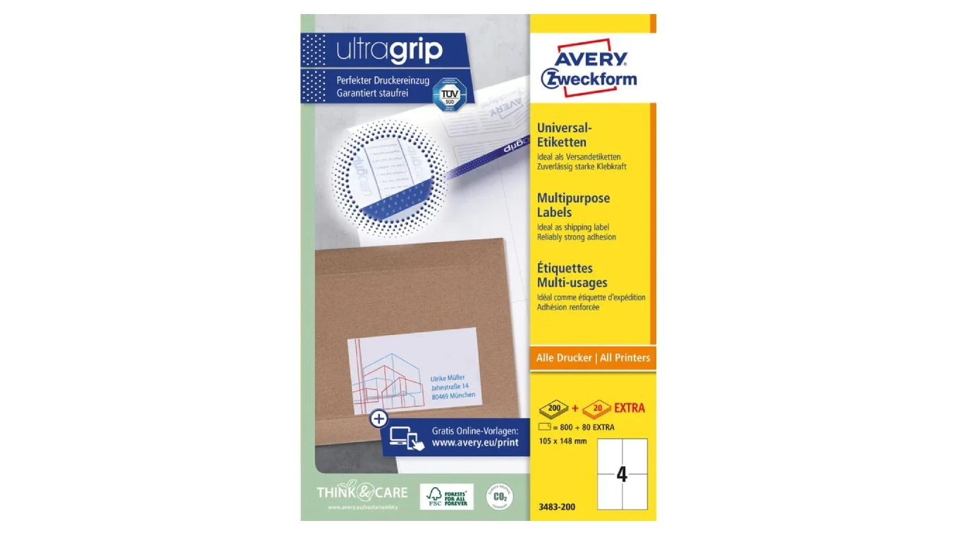 AVERY ZWECKFORM 3483-200 Etiketten, 105 x 148 mm, 200 + 20 Blatt