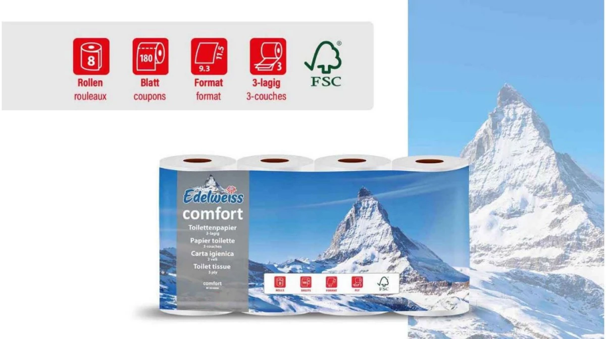 EDELWEISS Papier toilette Comfort 3 couches, 8 rouleaux