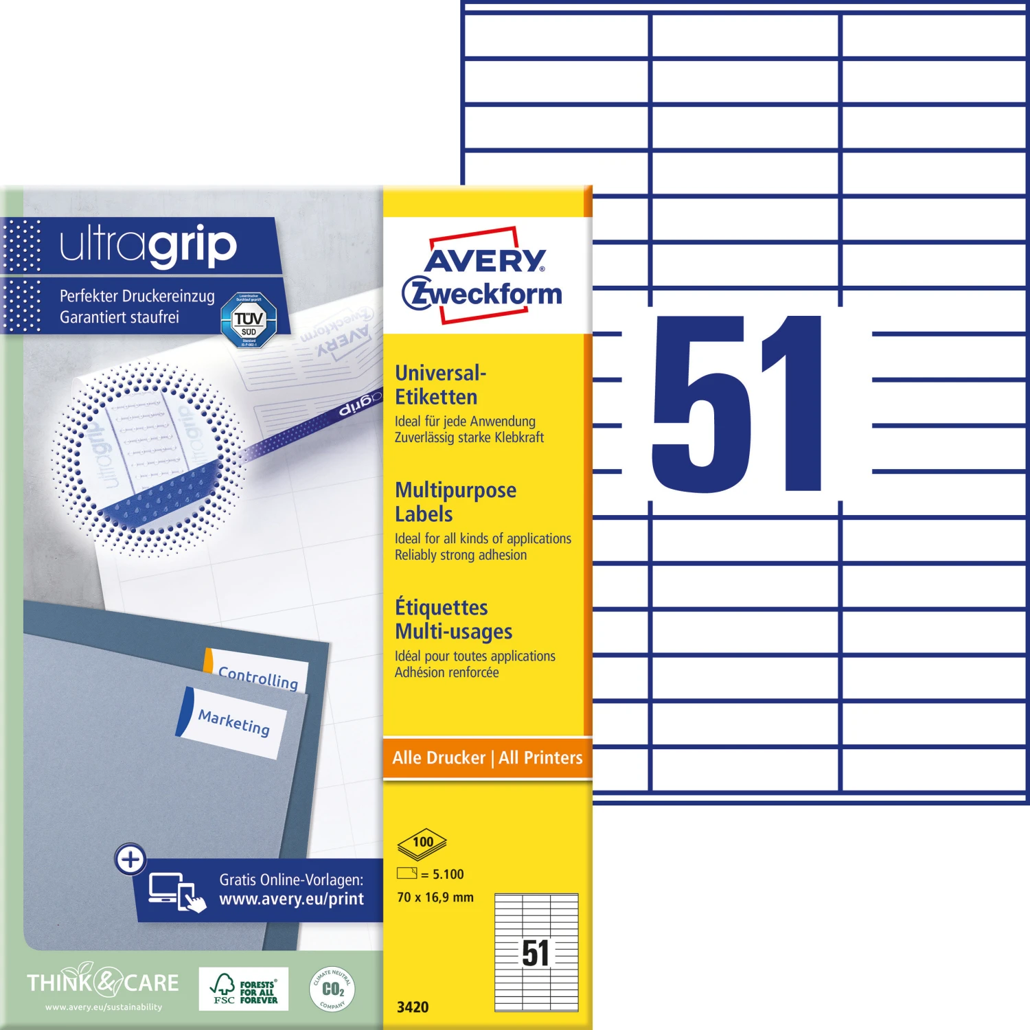 AVERY ZWECKFORM 3420 Étiquettes, 70 x 16.9 mm, 100 feuilles
