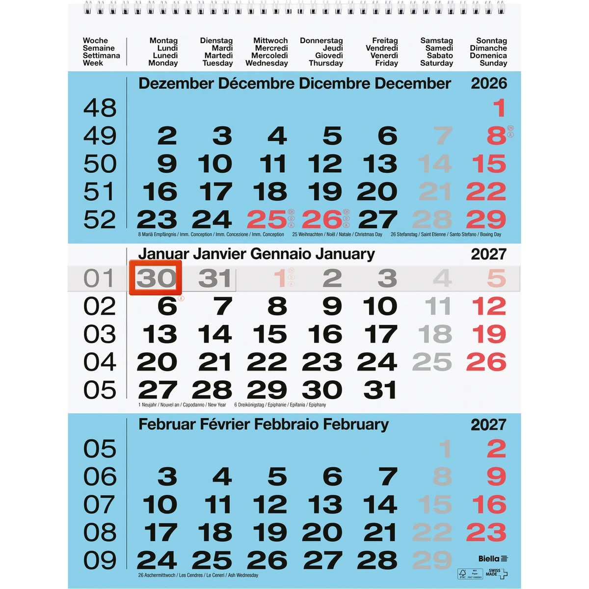 BIELLA 3 Monatskalender Wire-O - Format: 31 x 40 cm
