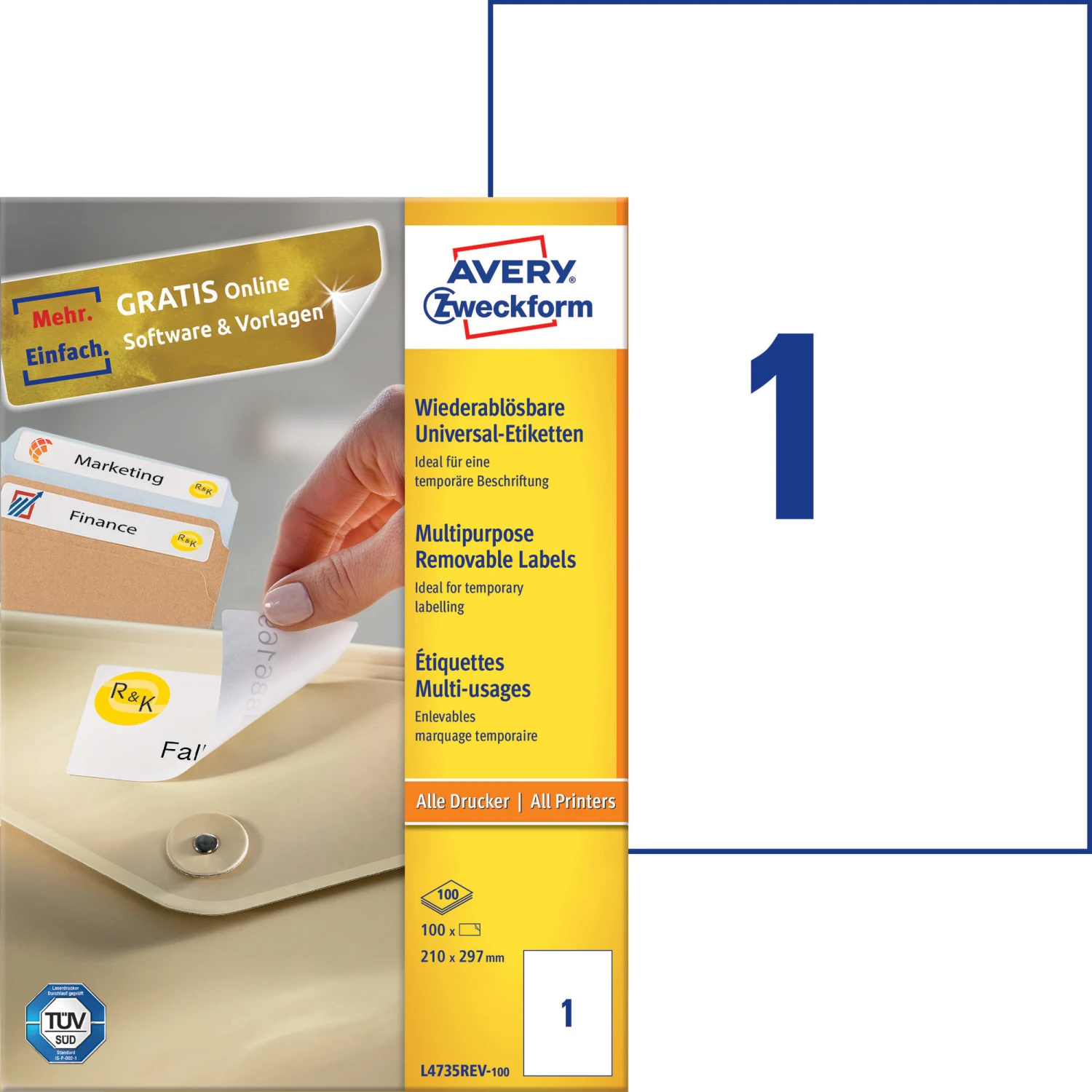 AVERY ZWECKFORM L4735REV-100 Etiketten, 210 x 297 mm, 100 Blatt