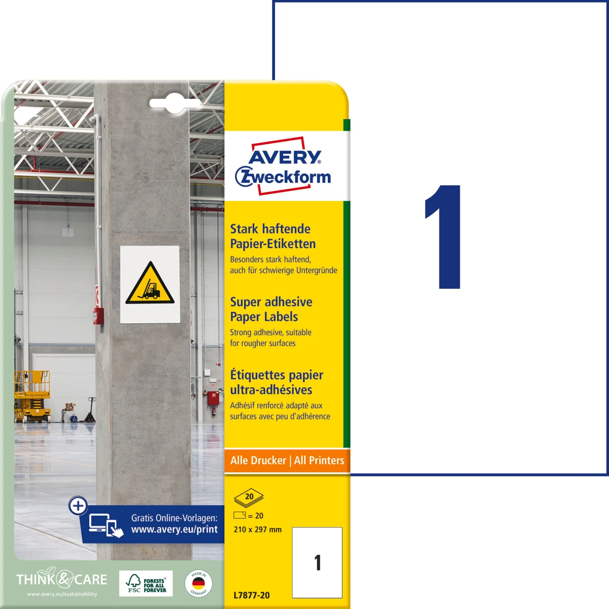 AVERY ZWECKFORM L7877-20 Étiquettes 210 x 297 mm, 20 feuilles