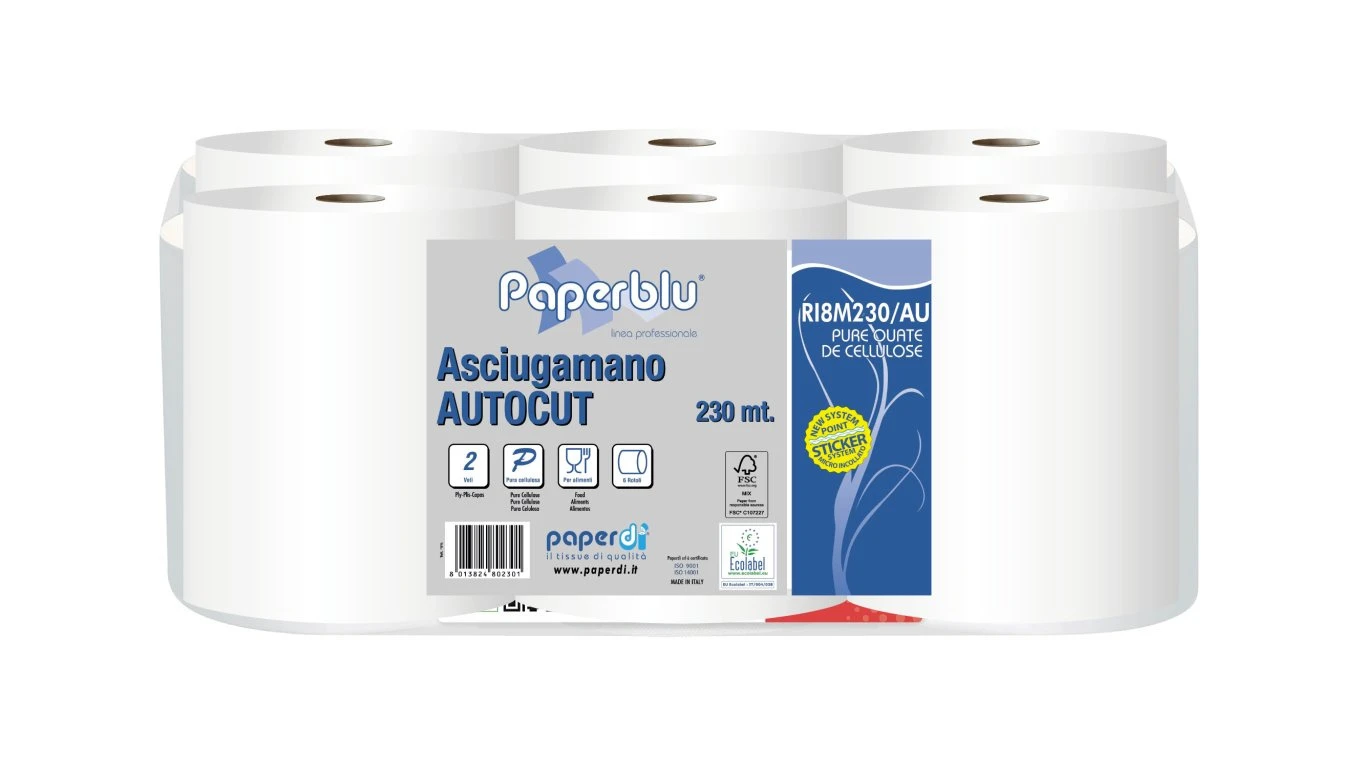 PAPERBLU Rouleaux d'essuie-mains en papier Autocut 2 couches, 6 rouleaux