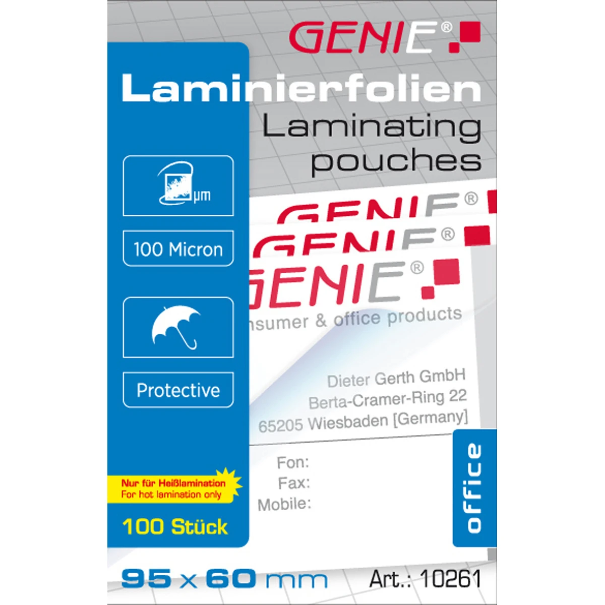 GENIE Film de plastification cartes de visite 95 x 60mm