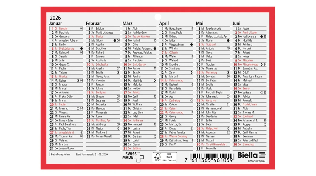 Calendrier mural BIELLA 2026 DE