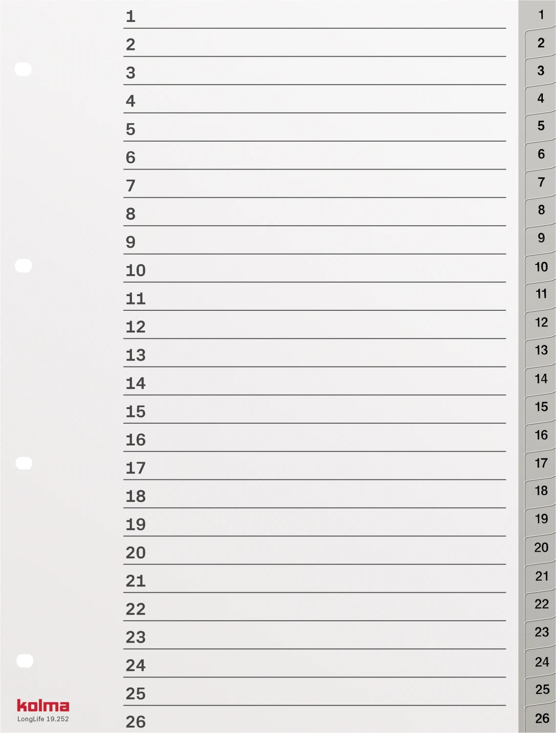 KOLMA Zahlenregister Superstrong 1 - 52