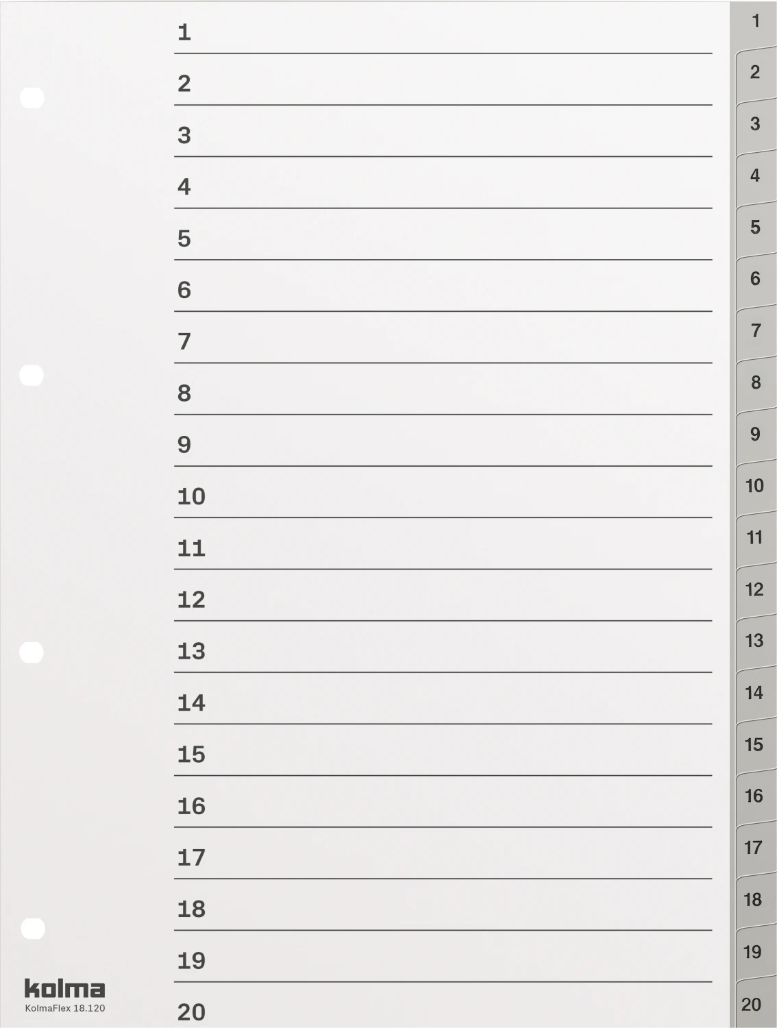 KOLMA Zahlenregister Strong 1 - 20
